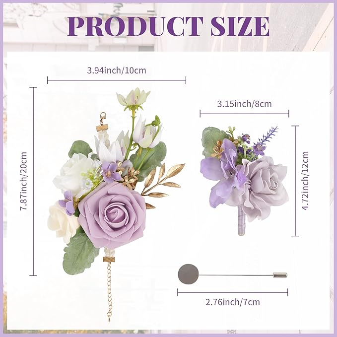 2Pcs Wedding Corsage and Boutonniere Set Purple Rose Corsage Wristlet and Boutonniere for Men Women Groom Bride Bridesmaid Groomsmen Wedding Party Accessory Prom Decoration (Purple)