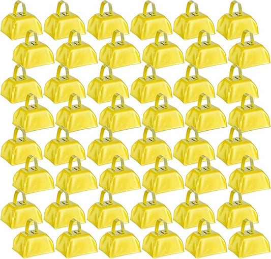 Yeshone 48 Pcs Metal Cowbells with Handles Loud Noise Makers Small Hand Percussion Cowbells for Football Events, Wedding, Graduation Team Cheering(Yellow)