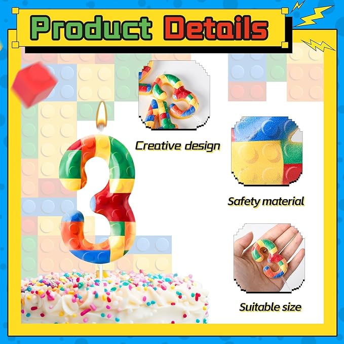 Building Block Themed Birthday Candle Number 3 Candle Birthday Party Decoration Cake Topper for Building Block Party Decoration Theme Parties Supplies (Number 3)