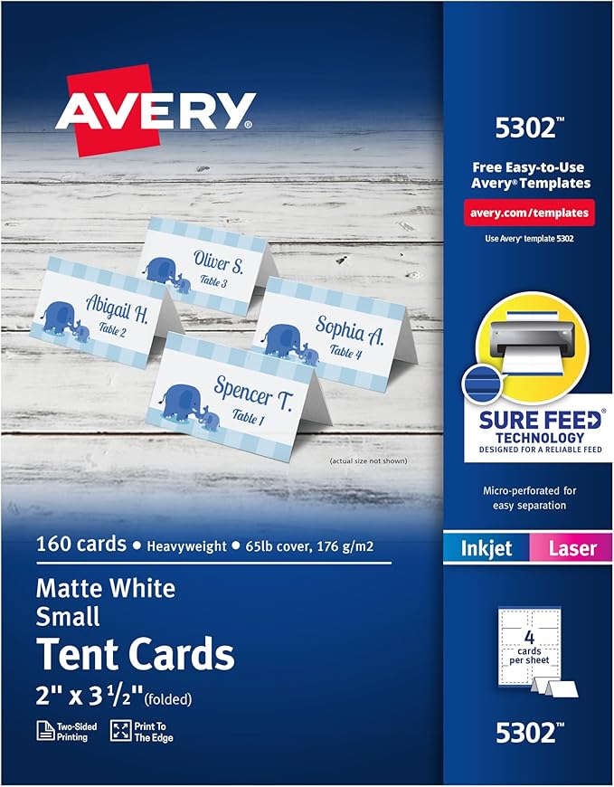 Avery Printable Tent Cards with Sure Feed Technology, 2" x 3.5", White, 160 Blank Place Cards for Laser or Inkjet Printers (5302)