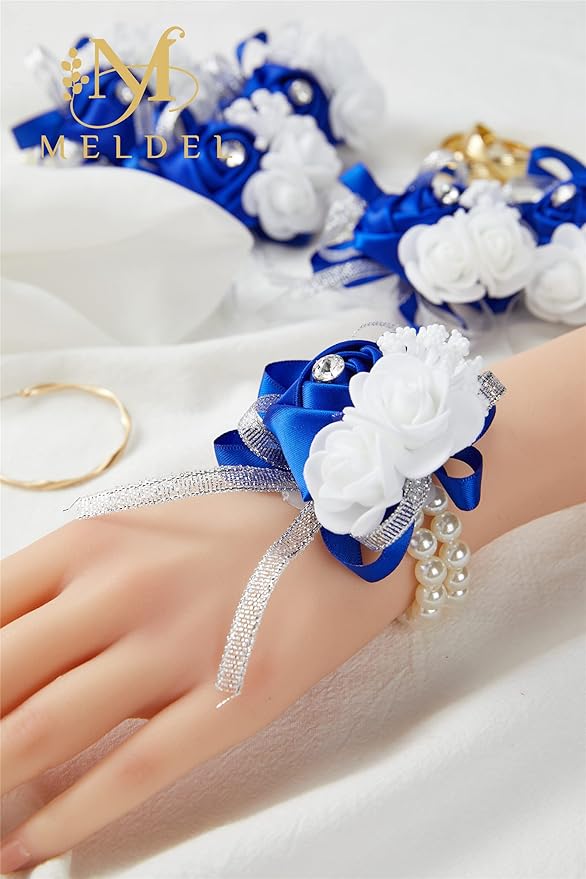 Meldel Prom Flower Wrist Corsages for Wedding, Set of 6, Royal Blue Wrist Corsages for Prom Bridal Bridesmaid Girl, Rose Hand Flower for Wedding Ceremony Anniversary,Dinner Party, Homecoming