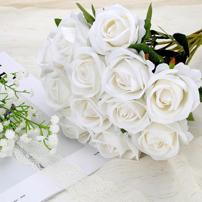 Roses Artificial Flowers, Fake Velvet Silk Roses in Bulk for Home Decor Indoor, Fake Roses Realistic Flowers with Stems for Wedding Centerpiece Party Decor (24, White)