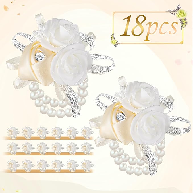 Zeyune 18 Pcs Wrist Corsages for Prom Wedding Artificial Rose Wristlet Corsage Hand Flower for Mother of Bride and Groom, Bridal, Bridesmaid Wedding Supplies(White)