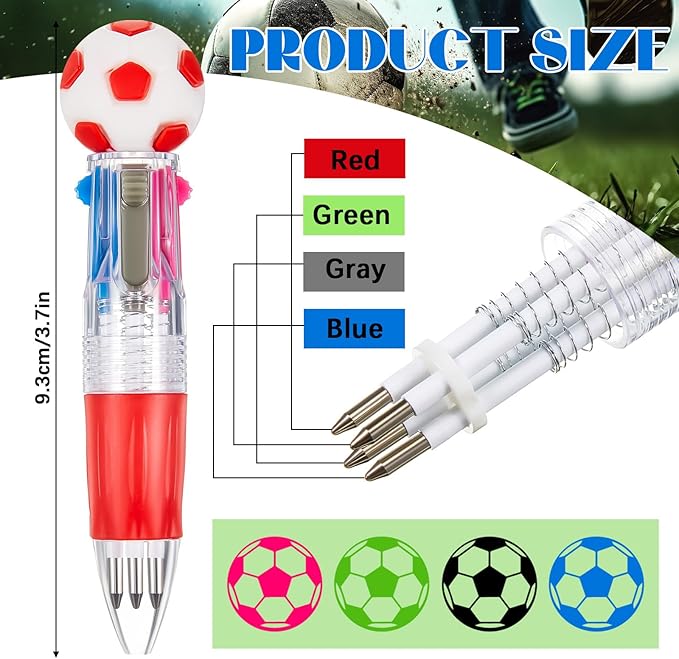 Kosiz 48 Pack Soccer Party Favors Sport Pen Multicolor 4 in 1 0.5mm Ballpoint Pen for Office Sport Lover Novelty Valentine's Day Gifts Goodie Bags Stuffers