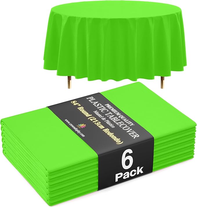 Exquisite 66% Thicker Premium Lime Green Round Tablecloth 0.5 Mil 6 Pack Plastic Table Cloth Disposable 84 Inch Round Plastic Tablecloth Won't Tear Easily Like Cheap Thin Brands