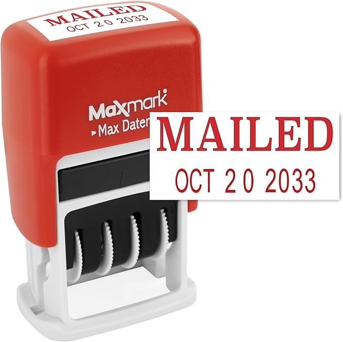 MaxMark Self-Inking Rubber Date Office Stamp with MAILED Phrase & Date - RED Ink (Max Dater II), 12-Year Band