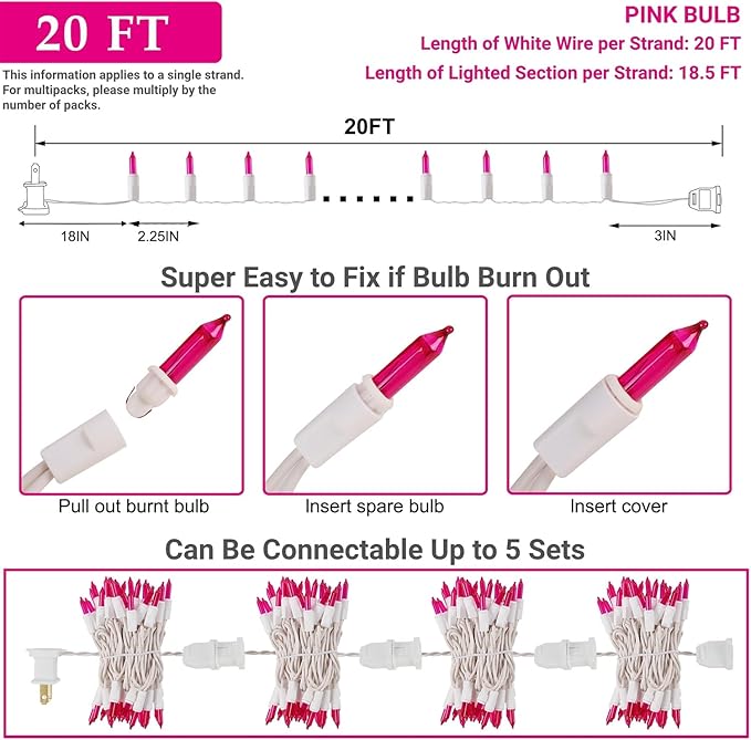 WATERGLIDE Valentine's String Lights, 100 Count 20 FT White Wire Mini Incandescent Christmas Fairy Lights, UL Certified for Patio Wreath Garland Garden Easter Holiday Outdoor Indoor Decor, Pink