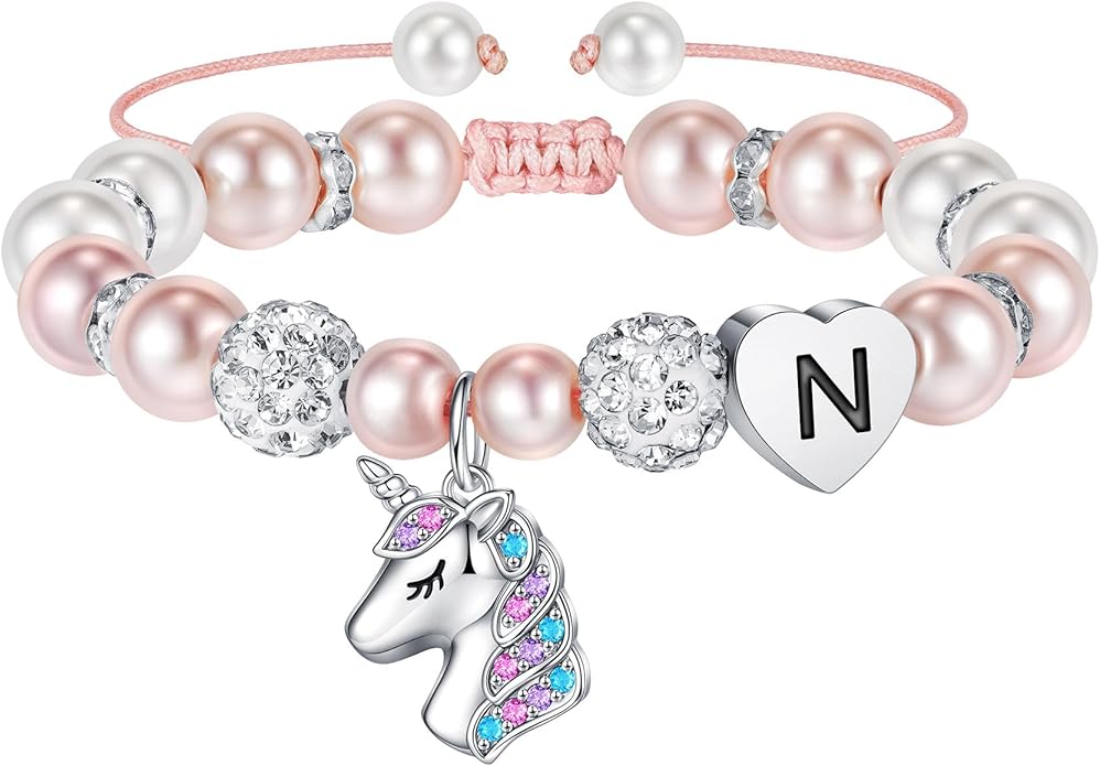Hidepoo Valentines Gifts for Kids Girls - Unicorn Bracelets for Girls Kids, CZ Initial Unicorns Bracelet Adjustable Heart Initial Unicorn Bracelets Jewelry Birthday Gifts for Girl