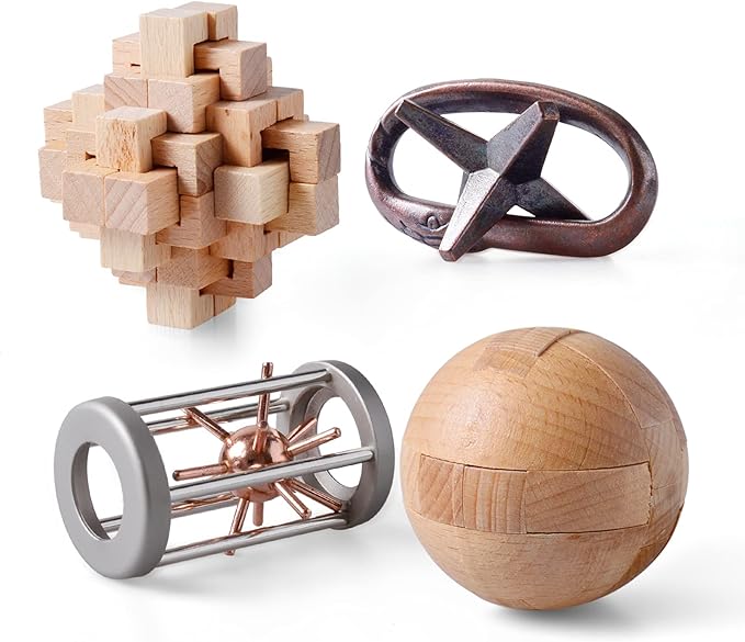 4Pcs Wooden and Metal Puzzles Gift for Kids and Adult Educational Toys Office Toys 3D Unlock Interlock Assorted Brain Teasers Puzzles