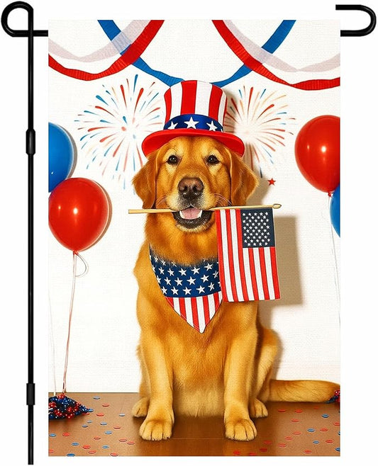 IVN 4th of July Garden Flag 12x18 Inch Double Sided Dog Patriotic Golden Retriever Memorial Day Outdoor Yard Flag for Outside Home Front Door Lawn Porch Patio Welcome Decor