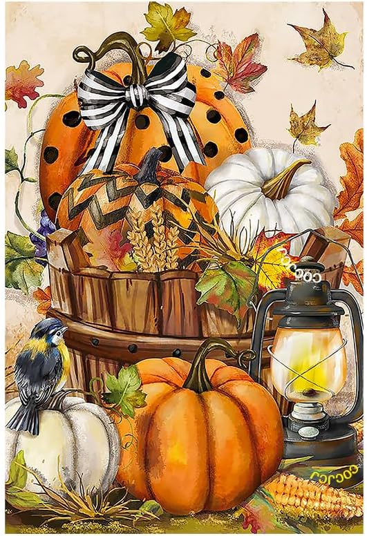 Pumpkin harvest outdoor vertical double sided garden flag 12X18, fall maple leaf flower small flag, lawn farmhouse yard decoration