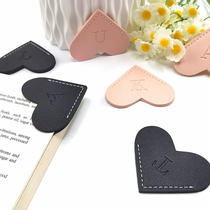 Personalized Leather Book Marks, Heart Bookmark, Unique Cute Handmade Letter Bookmarks Accessories for Reading Women, Teacher, Student, Book Lovers Book Mark Gifts (Black, H)