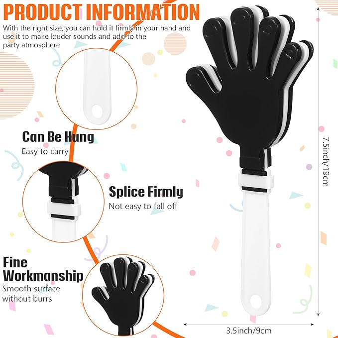 24 Pcs Hand Clappers 7.5 Inch Plastic Clappers Noisemakers Party Favors Clapping Noise Maker Birthdays Game Prizes Classroom Rewards Football Sporting Events Cheers Supplies (Black,White)