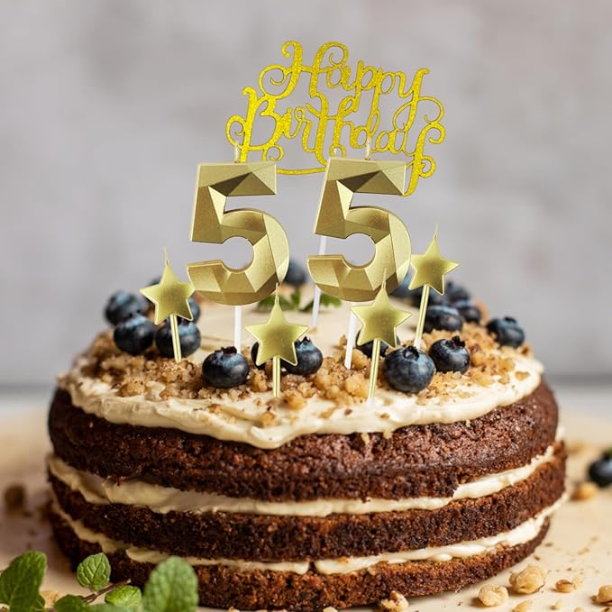 Golden Number 65 Birthday Candles and Star Birthday Candles 2.76 inch Birthday Cake Candles 3D Diamond Shaped Candles are Suitable for Birthday Parties and Anniversary Cake Decorations Candles