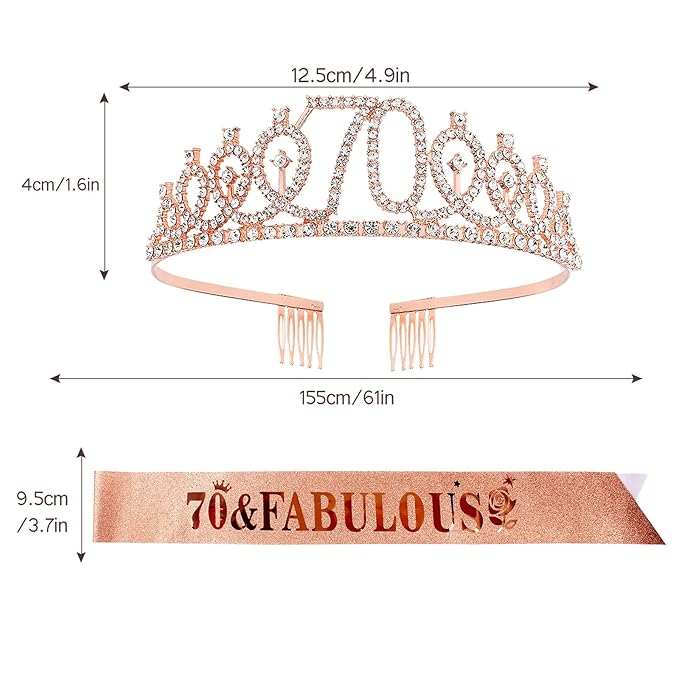 Casoty Rose Gold 70th Birthday Sash and Tiara for Women, 70 & Fabulous Sash and Crown, 70th Birthday Party Decorations Supplies Favors for Women Gifts for Her