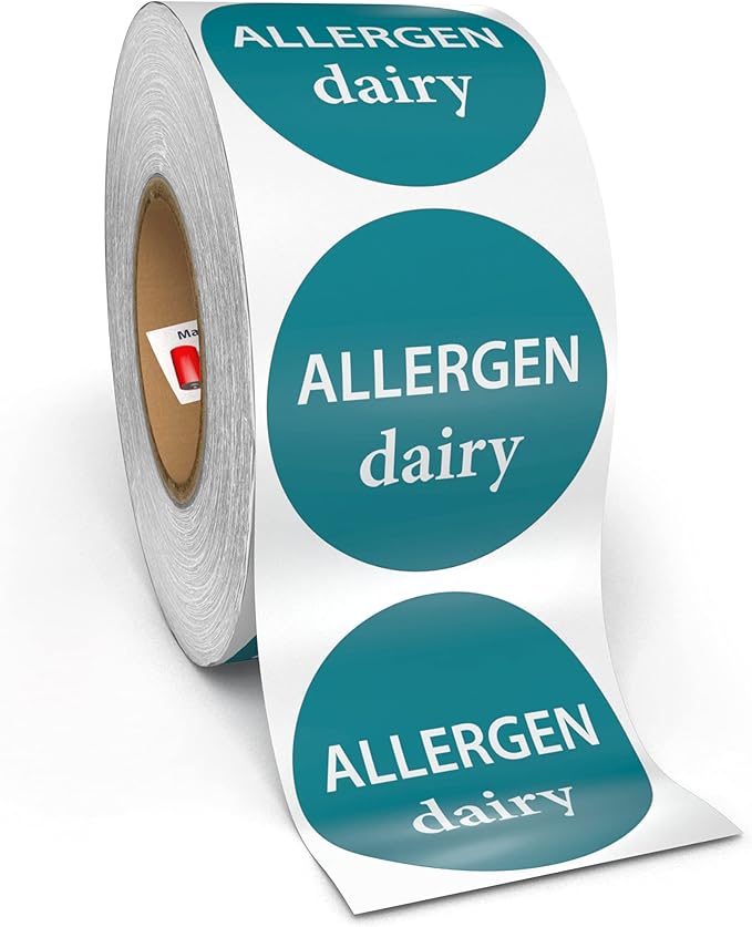 Kenco Allergen Warning Stickers - 1" Circle Label, 1,000 Allergy Warning Labels Per Roll in Universal Allergy Awareness Colorway (12 Pack, Dairy)