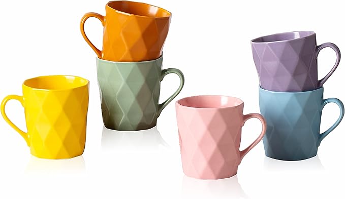 11 Ounce Porcelain Mugs, Set of 6, Tea and Cocoa Mug Set, Multicolor, Matte