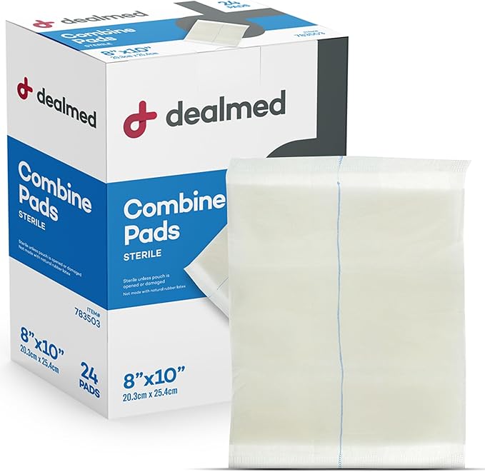 Dealmed Abdominal Combine Pads 8"x10" (48-Pack) Sterile Individually Wrapped, ABD Pads, Absorbent, Non Adherent for Wound Care, Drainage, First Aid, 24/Box (2 Pack)