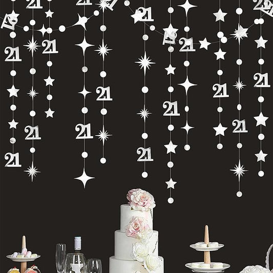 Silver 21st Birthday Decorations Number 21 Circle Dot Twinkle Star Garland Metallic Hanging Streamer Banner Backdrop for Girls Boys Cheers to 21 Years Finally Legal Bday 21st Anniversary Party Decor