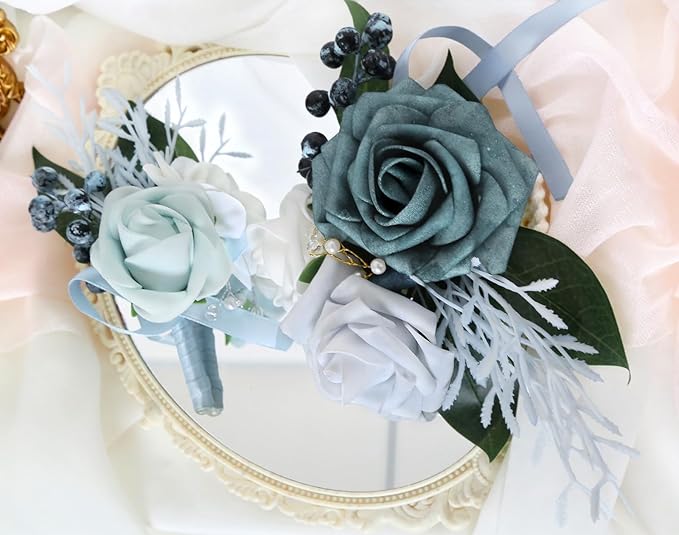 2Pcs Wedding Corsage and Boutonniere Set Blue Rose Corsage Wristlet and Boutonniere for Men Women Groom Bride Bridesmaid Groomsmen Wedding Party Accessory Prom Decoration (Blue)