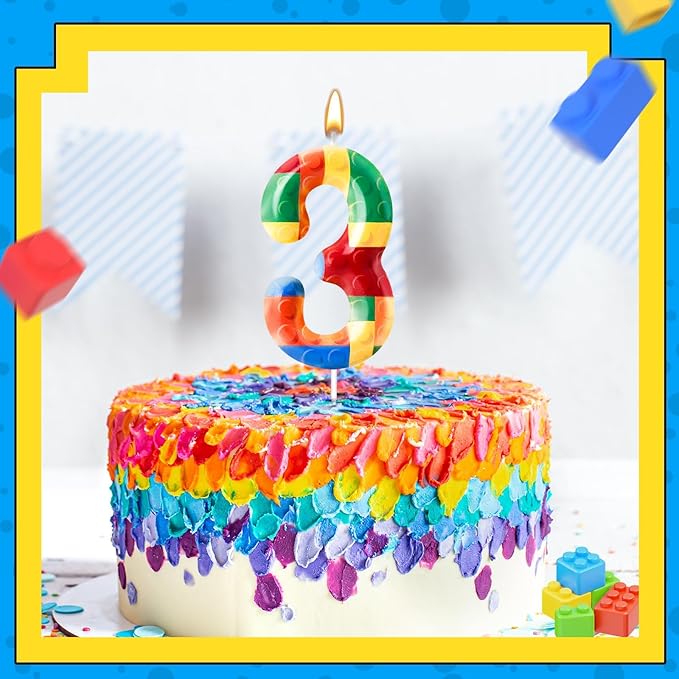 Building Block Themed Birthday Candle Number 3 Candle Birthday Party Decoration Cake Topper for Building Block Party Decoration Theme Parties Supplies (Number 3)