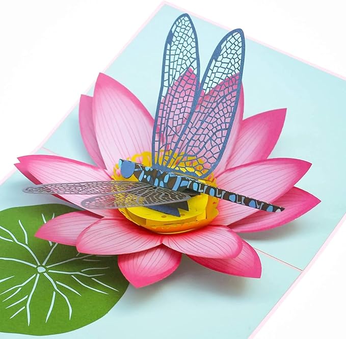 PopLife® Blue Dragonfly and Lotus 3D Pop Up Card - Mother's Day, Valentine's Day, Birthday, Thank you, Get Well, Anniversary - for Friends, Sister, Wife, Grandma, Daughter, Girlfriend