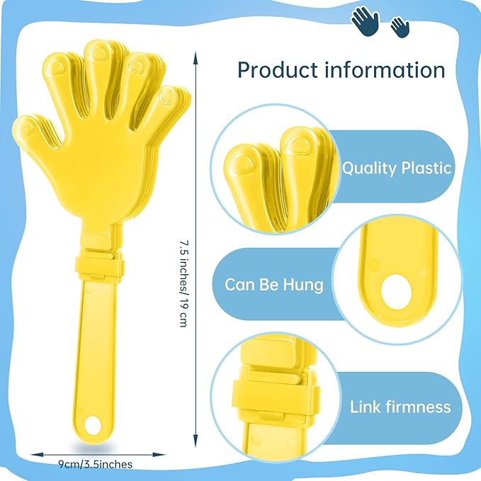 24 Pcs Sunburst Yellow Hand Clappers 7.5 Inch Clappers Noisemakers Noise Makers Party Favors Plastic Clapper Sporting Events Cheers Ball Dance Basketball Football Noisemakers（Yellow）