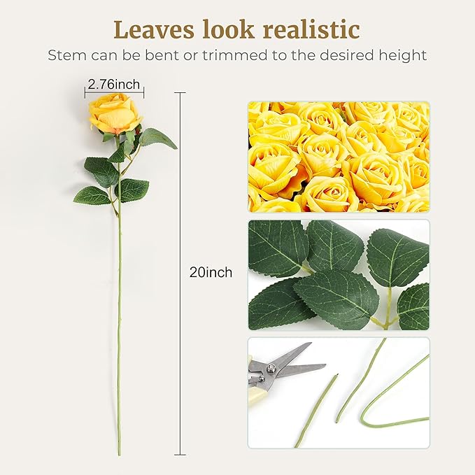 Auihiay 60PCS Yellow Roses Bulk, Yellow Velvet Silk Fake Roses, Realistic Flowers for Wedding Centerpieces, Bridal Bouquets, Home Decor, Baby Shower, Valentine's Day Party Decorations