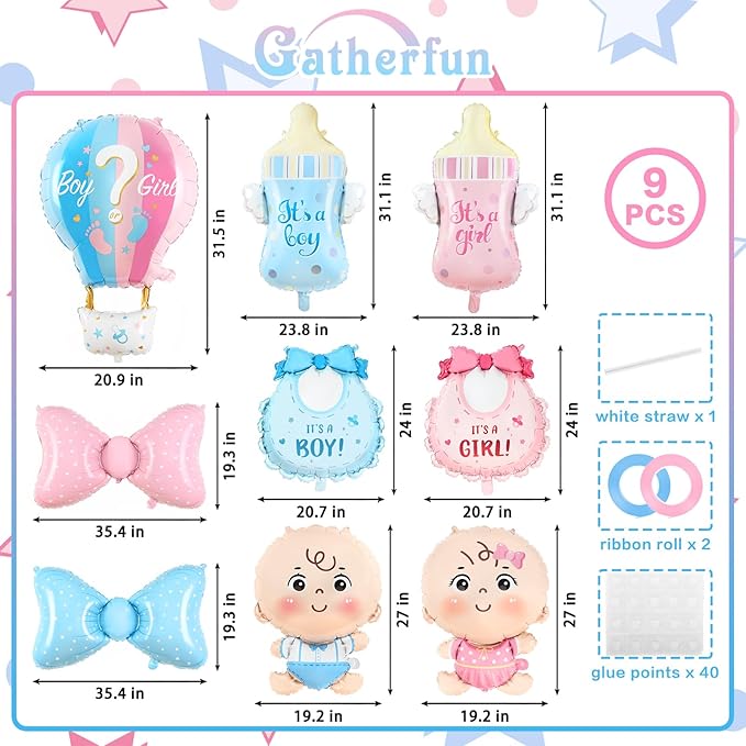 Gender Reveal Decoration Set - Includes Boy or Girl Baby Shower Foil Balloon for Boy or Girl Baby Shower Party Decoration 9 Pcs