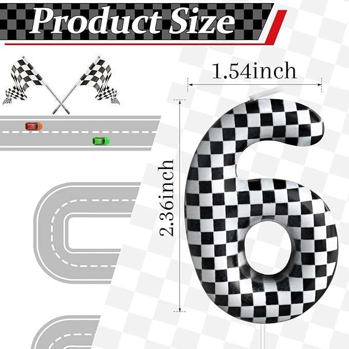 Racing Cars Themed Birthday Candle Number 6 Checkered Candle Birthday Party Decoration Cake Topper for Racing Car Party Decoration Theme Party Supplies (Number 6)