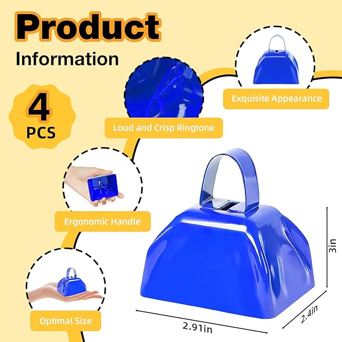 6PCS Metal Cow Bells Noisemakers, 3 Inch Loud Cow Bell Noise Makers for Sporting Events Party Favors with Handles, Great for Football Competitions, Sports Games, Celebration Parties (6 Colors)