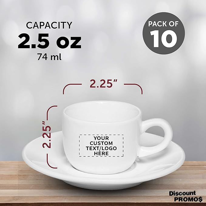 Custom Porcelain Espresso Cups with Saucer 2.5 oz. Set of 10, Personalized Bulk Pack - Perfect for Coffee, Tea, Espresso, Hot Cocoa, Other Beverages - White