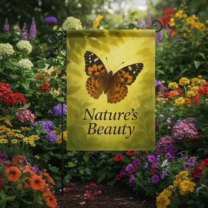 FLAGMEUP8386 Welcome Butterfly Garden Flag 12x18 Inch Double-Sided Polyester Fall Flag with Monarch and Painted Lady on Glowing Leaves, “Nature’s Beauty Quote Seasonal Yard Decoration