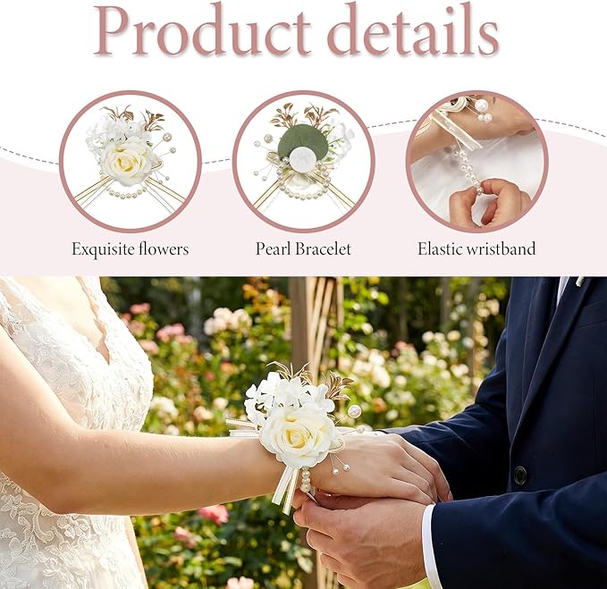 6 Pcs Rose Wrist Corsage, Champagne Artificial Flower Wristlet for Bride Exquisite Ceremony Accessories for Party, Wedding, Anniversary