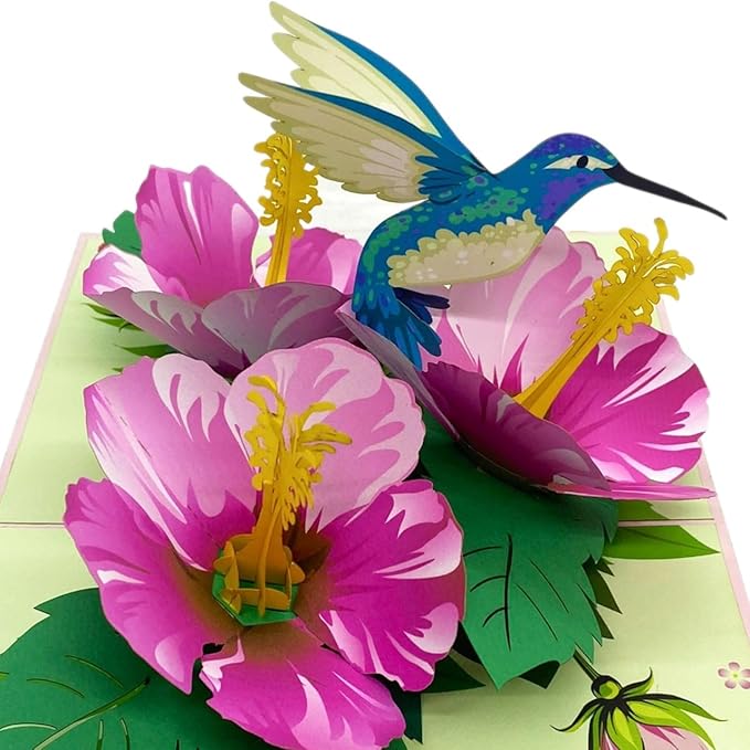 iGifts And Cards 3D Hibiscus Blue Hummingbird Greeting Pop Up Card 6" x 8" with Envelope – Stunning Pop-Up Floral Gift – Bird and Flower Lovers Card for Birthday, Mother's Day, or Thinking of You
