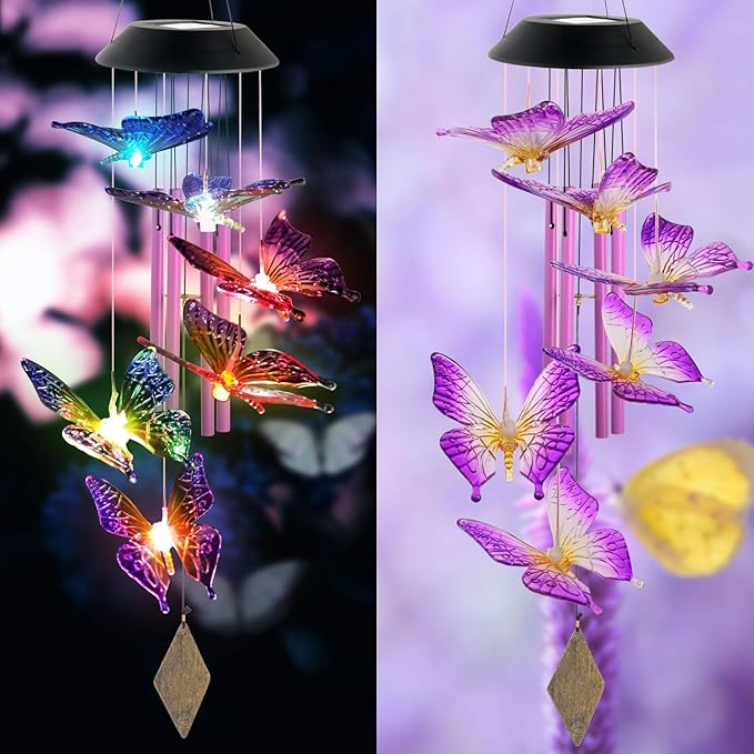 Butterfly Solar Wind Chimes,New Gift for All mom/dad/Women/Grandma/Daughter/Aunt/Friend/Wife and Sister. Yard Decor,Gardening Birthday Gift, Christmas Decorations,Patio Decor