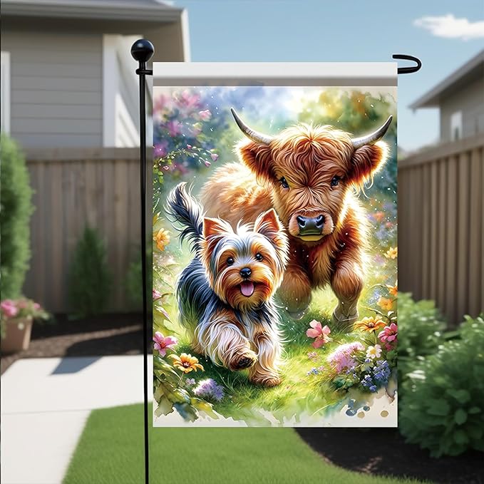 Starlit Patio Welcome Spring Summer Garden Flag 12x18 Inch Double Sided Highland Cow Garden Flag Yorkshire Terrier Yard Flags for Seasonal Outside Outdoor Dog Decoration Farmhouse Decor