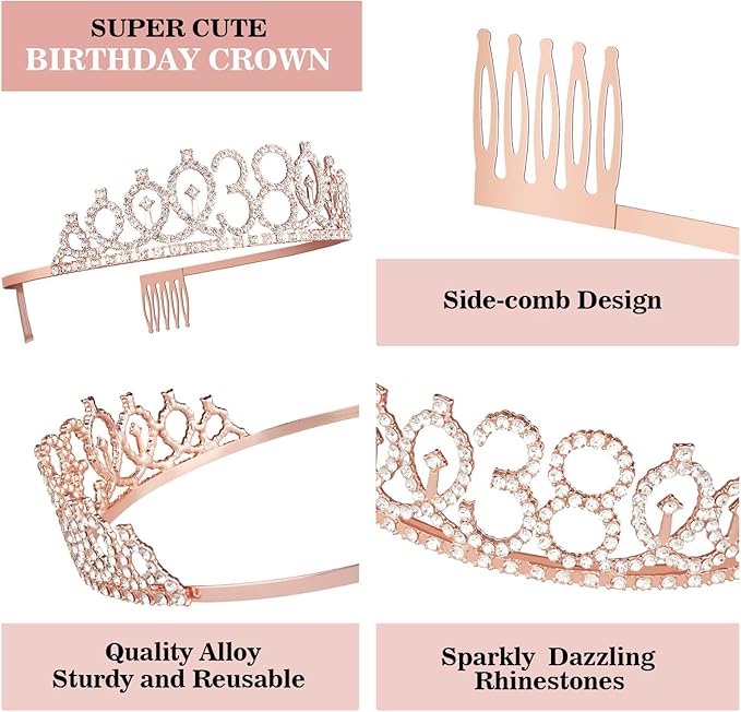 38th Birthday Decorations for Women Including Birthday Sash, Tiara/Crown, Numeral Candles and Cake Topper, 38 Year Old Gifts for Women, Rose Gold Party Decor Supplies