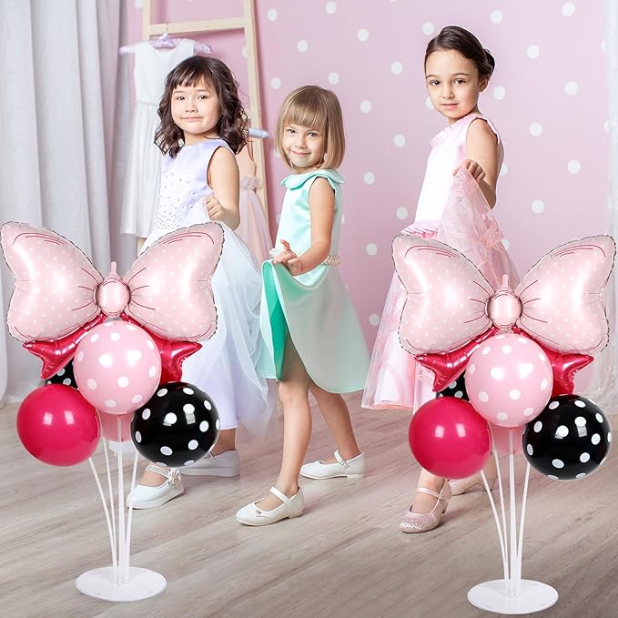 Pink Mouse Party Balloons Stand Kit 2 Sets with 2 Bow Foil Balloons Cartoon Mouse Themed Party Centerpiece for Table Pink and Black Bow Girls Women Gender Reveal Baby Shower Birthday Party Decoration