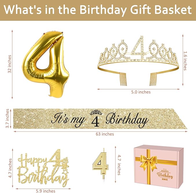 4th Birthday Decorations for Girl with 4th Birthday Sash and Crown, Candle and Cake Topper, Number Balloon, 4 Year Old Girl Gifts