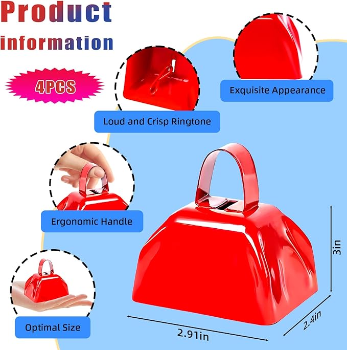 Cow Bells Noise Makers for Sporting Events, 4PCS Metal Cowbells with Handle - Small Loud Bell Bulk Hand Percussion Noisemakers for Football Games Graduation Sporting Events Weddings