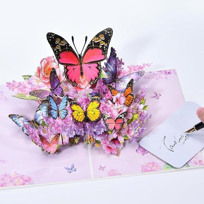 Joyvine 3D pop-up butterfly greeting cards, celebration cards, gratitude cards, rehabilitation greeting cards, suitable for Mother's Day, Father's Day, Thanksgiving, birthdays, anniversaries, with notes and envelopes (Pink Dancing Butterfly)