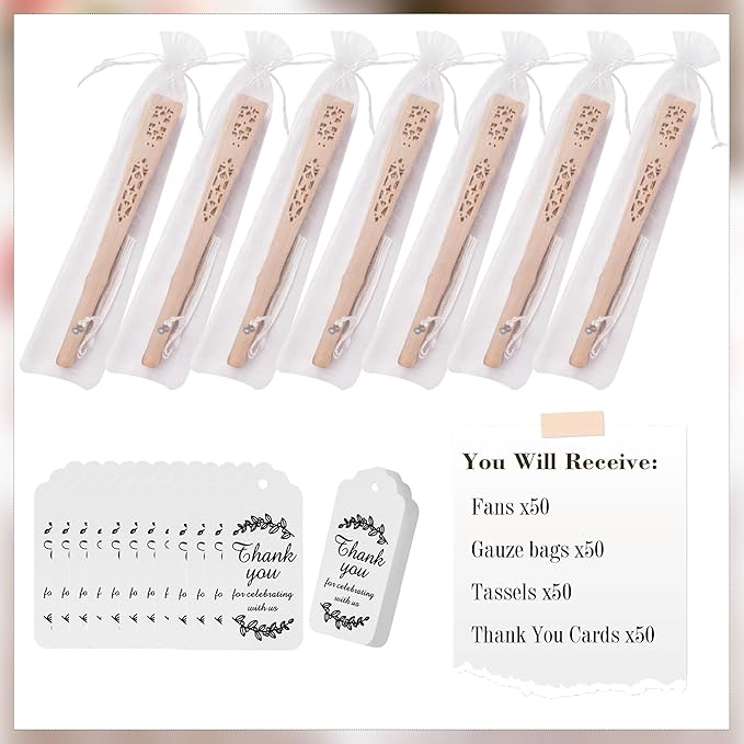 50 Pcs Wedding Fans Engraved Wooden Folding Hand Fans with Organza Bags, Wedding Party Favors for Guests, Bridal Shower & Summer Outdoor Ceremony (Style3,50)