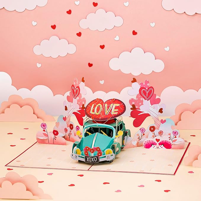 Love Car Valentines Pop Up Card, Blue Beetle For Love, Birthday, All Occasion, Just Because, Gift for Him, Husband, Boyfriend, Crush, Father, 5x7 - Includes Envelope And Message Note