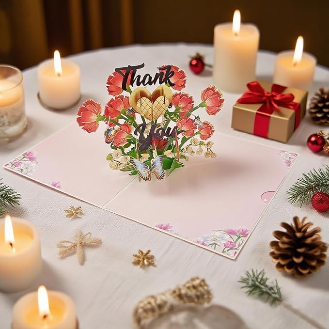 3-Pack Floral 3D Pop Up Thank You Cards for Women Mom Dad Men, Greeting Cards for Nurses Teachers - Flower Bouquets