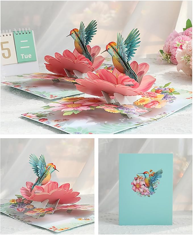 3D Hummingbird and Flower Pop Up Card, 3D Flower Greeting Pop-Up Card for Birthday, Anniversary, Thank You, Mother’s Day, Thinking of You, Nature Lovers Gift for Women and Mom