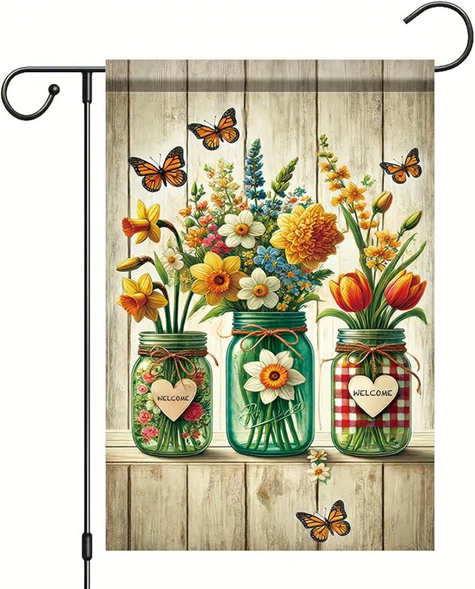 Starlit Patio Welcome Summer Spring Garden Flag 12x18 Double Sided Small Mason Jar Tulip Flower Yard Flag for Outside Farmhouse Holiday Outside Outdoor House Decor Decoration