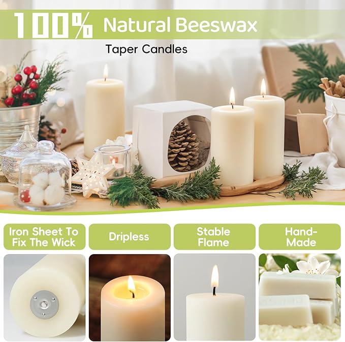 8 Pack Natural Beeswax Pillar Candles,100% Pure Beeswax Candles-344 Hours Long Burning,Off-White Unscented Bees Wax Candles for Home,Prayer,Dripless Smokeless Organic Pillar Candles Bulk-2x4in