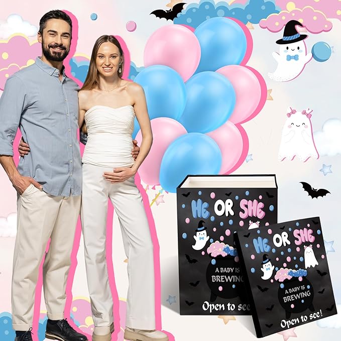 Hungdao Gender Reveal Balloon Box with Ribbon and 10 Pink and Blue Balloons Gender Reveal Games He or She Open to See for Party Decoration 12 x12 x16 (Ghost)