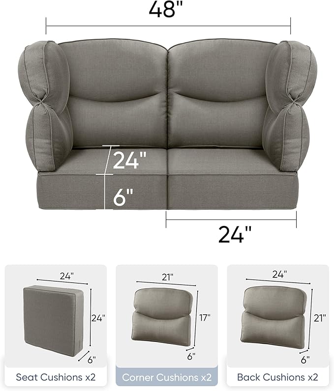 Luxury 24x24x6 Patio Cushions for Outdoor Furniture Set of 2 - Water-Repellent 6-Piece Cushion Set for Outside Wicker Couch Loveseat Chair Sectional Patio Conversation Sets - Grey/Smile